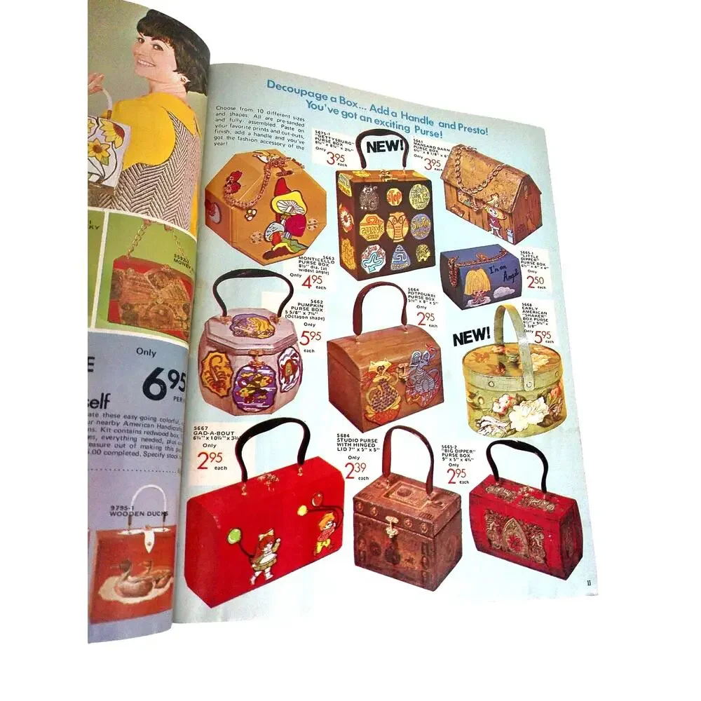 Vintage 1970 American Handicrafts Catalog Retro 70s Boho Decoupage Purse Craft